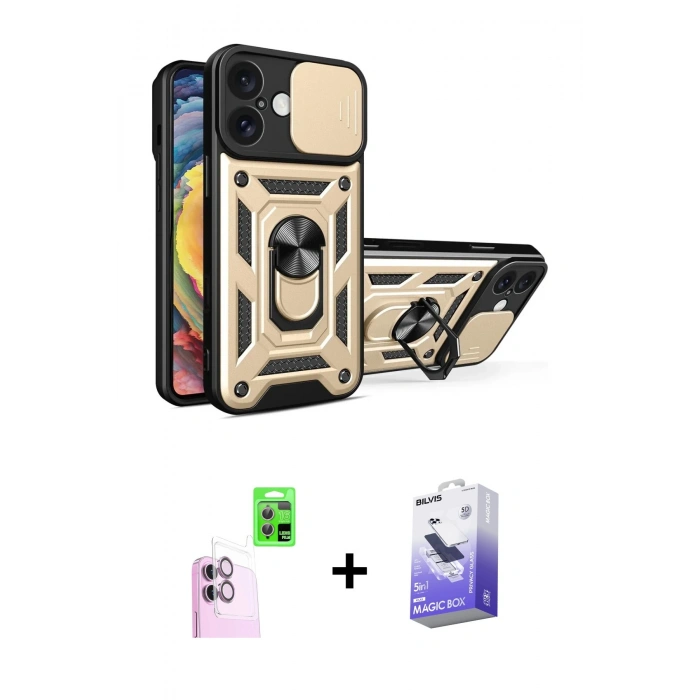 MARSİLYAN™- iPhone 16 Kılıf Ahenk Klasik - Siyah Bilvis 5in1 5D Magic Hayalet Cam Ekran Koruyucu + Raze Metal Kamera Lens - PE