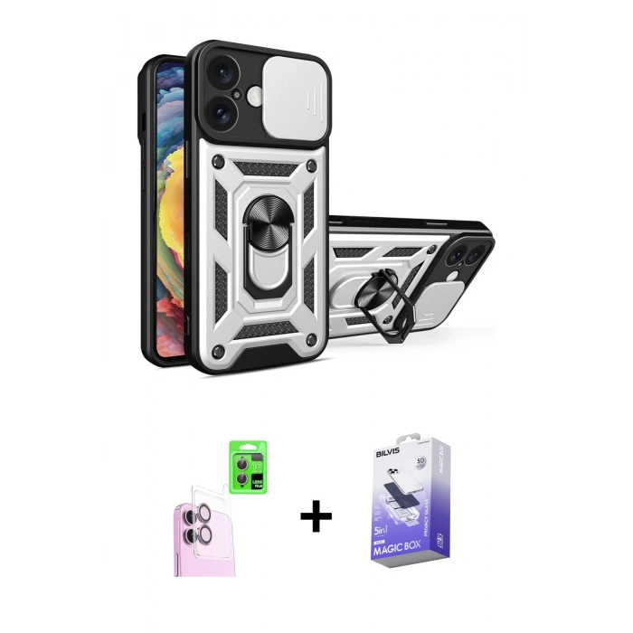 MARSİLYAN™- iPhone 16 Kılıf Ahenk Klasik - Siyah Bilvis 5in1 5D Magic Hayalet Cam Ekran Koruyucu + Raze Metal Kamera Lens - PE
