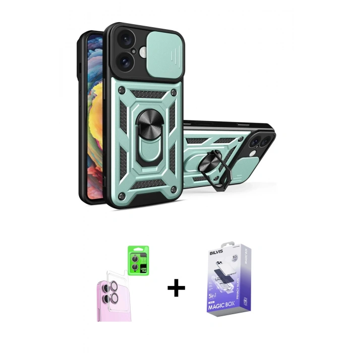 MARSİLYAN™- iPhone 16 Kılıf Ahenk Klasik - Siyah Bilvis 5in1 5D Magic Hayalet Cam Ekran Koruyucu + Raze Metal Kamera Lens - PE