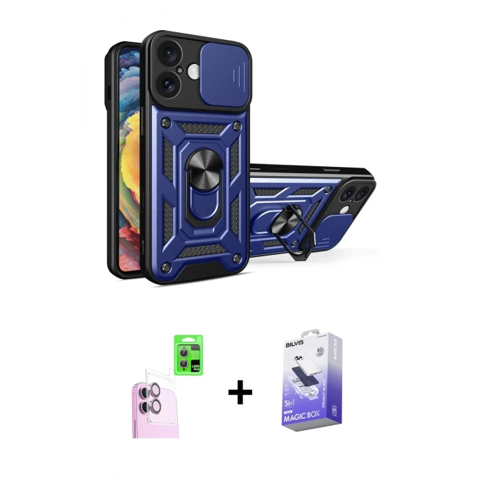 MARSİLYAN™- iPhone 16 Kılıf Ahenk Klasik - Siyah Bilvis 5in1 5D Magic Hayalet Cam Ekran Koruyucu + Raze Metal Kamera Lens - PE