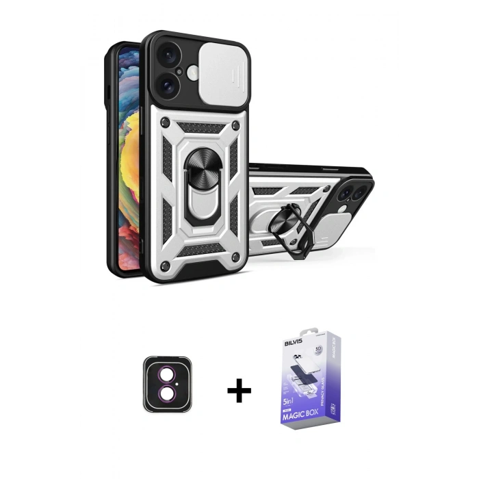 MARSİLYAN™- iPhone 16 Kılıf Ahenk Klasik - Siyah Bilvis 5in1 5D Magic Hayalet Cam Ekran Koruyucu + PVD Metal Kamera Lens - PE