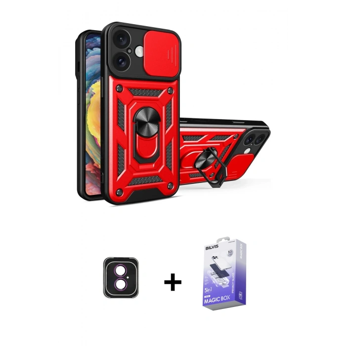 MARSİLYAN™- iPhone 16 Kılıf Ahenk Klasik - Siyah Bilvis 5in1 5D Magic Hayalet Cam Ekran Koruyucu + PVD Metal Kamera Lens - PE