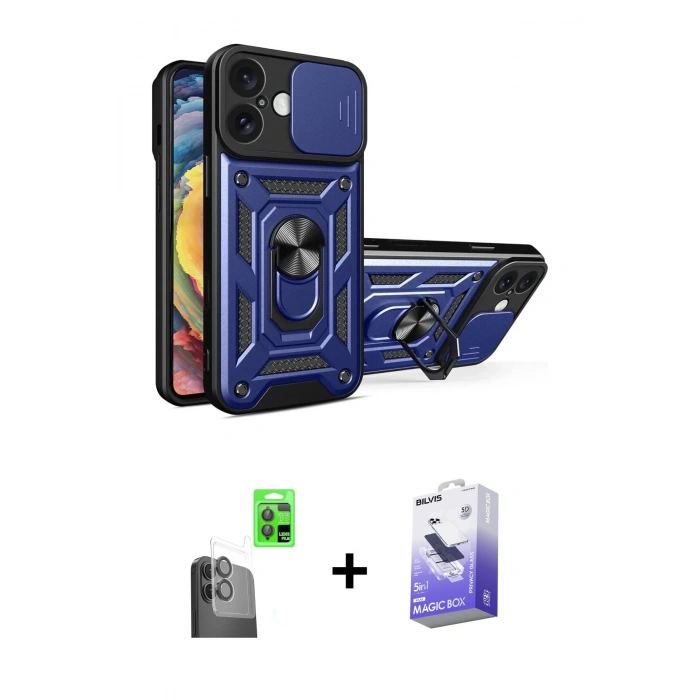 MARSİLYAN™- iPhone 16 Kılıf Ahenk Klasik - Siyah Bilvis 5in1 5D Magic Hayalet Cam Ekran Koruyucu + Raze Metal Kamera Lens - SH