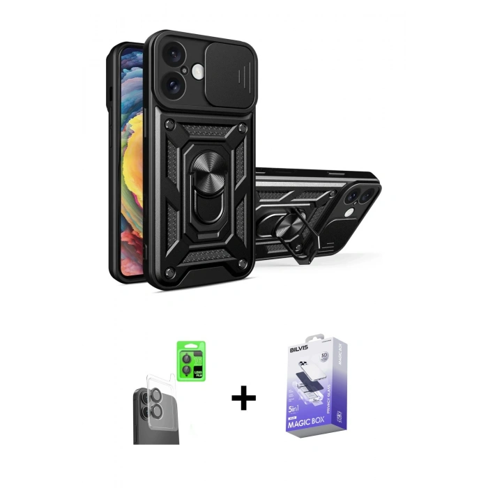 MARSİLYAN™- iPhone 16 Kılıf Ahenk Klasik - Siyah Bilvis 5in1 5D Magic Hayalet Cam Ekran Koruyucu + Raze Metal Kamera Lens - SH