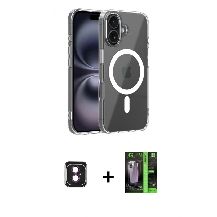 MARSİLYAN™- iPhone 16 Kılıf Ahenk Minimal Serisi - Şeffaf 360 Full Body Arka Koruyucu + PVD Metal Kamera Lens - PE