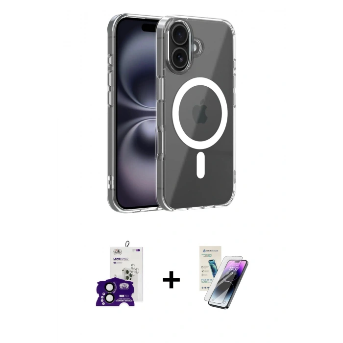 MARSİLYAN™- iPhone 16 Kılıf Ahenk Minimal Serisi - Şeffaf Pasifik Cam Ekran Koruyucu + Bilvis Titan Kamera Lens - SH