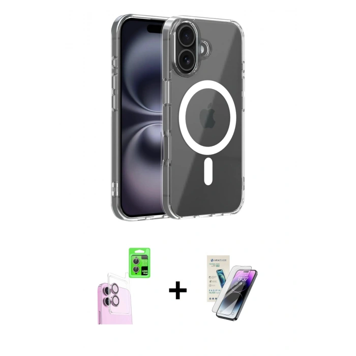 MARSİLYAN™- iPhone 16 Kılıf Ahenk Minimal Serisi - Şeffaf Pasifik Cam Ekran Koruyucu + Raze Metal Kamera Lens - PE