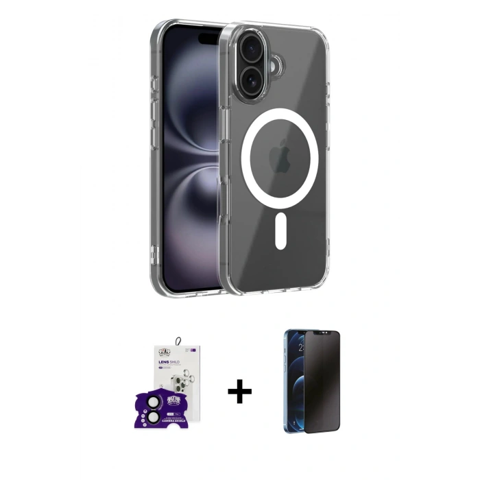 MARSİLYAN™- iPhone 16 Kılıf Ahenk Minimal Serisi - Siyah 3D Antistatik Hayalet Cam Ekran Koruyucu + Bilvis Titan Kamera Lens - SH