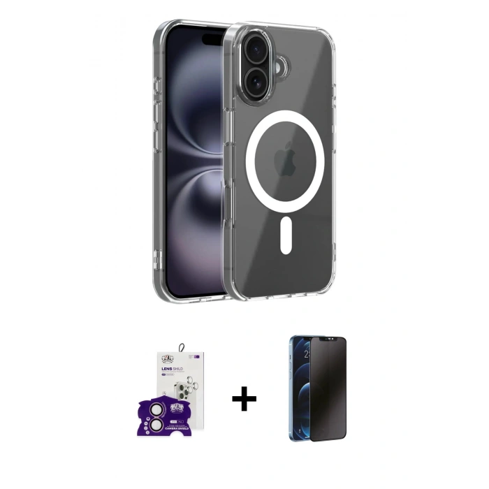 MARSİLYAN™- iPhone 16 Kılıf Ahenk Minimal Serisi - Siyah 3D Antistatik Hayalet Cam Ekran Koruyucu + Bilvis Titan Kamera Lens - PE