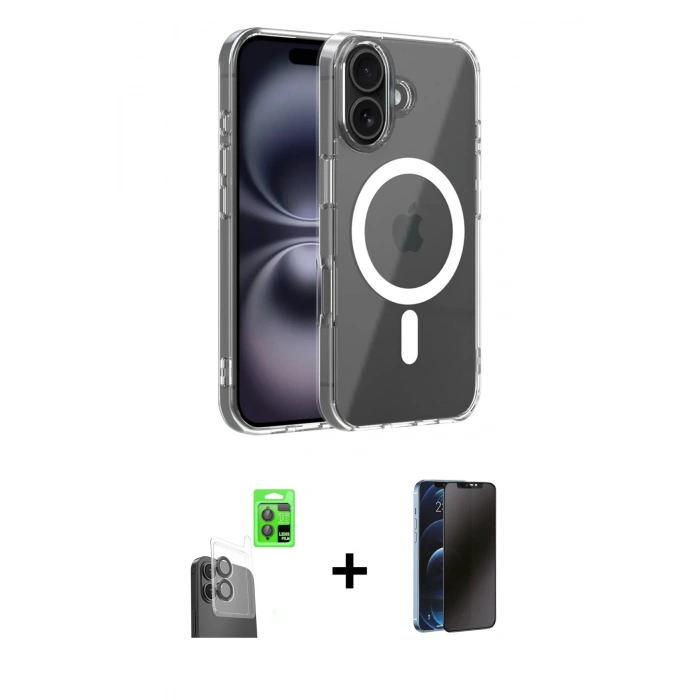 MARSİLYAN™- iPhone 16 Kılıf Ahenk Minimal Serisi - Siyah 3D Antistatik Hayalet Cam Ekran Koruyucu + Raze Metal Kamera Lens - SH
