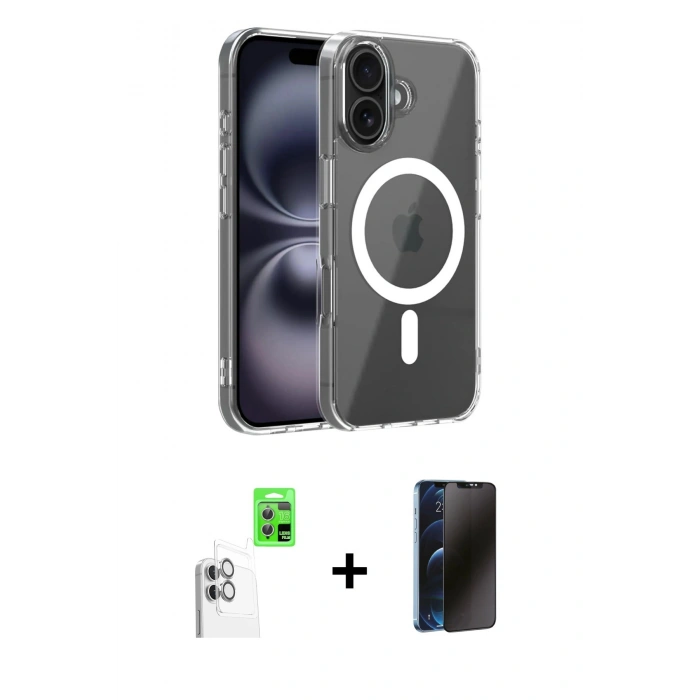 MARSİLYAN™- iPhone 16 Kılıf Ahenk Minimal Serisi - Siyah 3D Antistatik Hayalet Cam Ekran Koruyucu + Raze Metal Kamera Lens - BZ