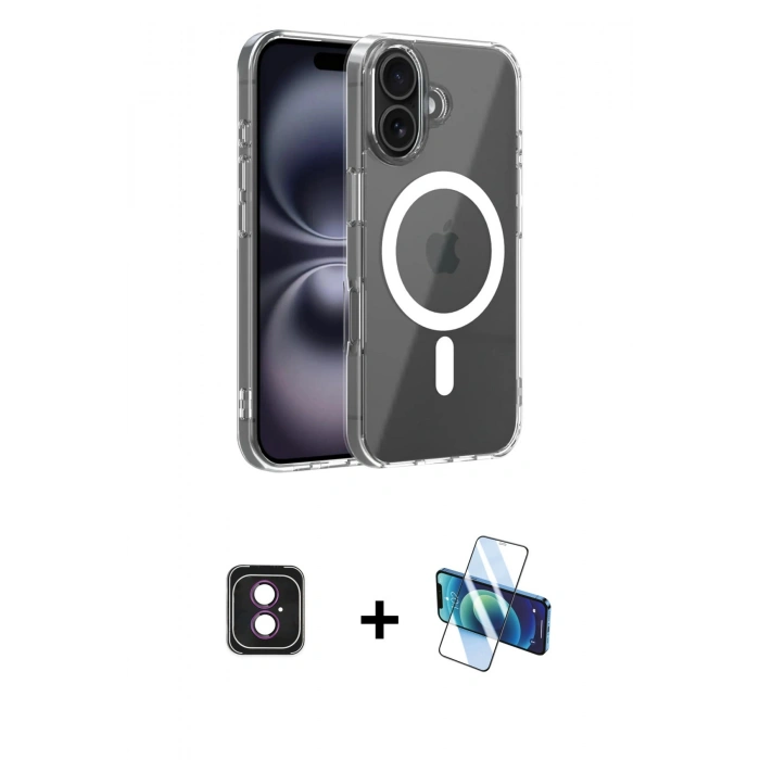 MARSİLYAN™- iPhone 16 Kılıf Ahenk Minimal Serisi - Siyah 3D Antistatik Seramik Nano Ekran Koruyucu + PVD Metal Kamera Lens - PE
