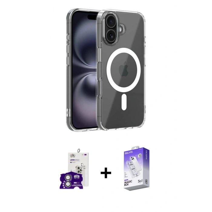 MARSİLYAN™- iPhone 16 Kılıf Ahenk Minimal Serisi - Siyah Bilvis 5in1 3D Magic Cam Ekran Koruyucu + Bilvis Titan Kamera Lens - GS