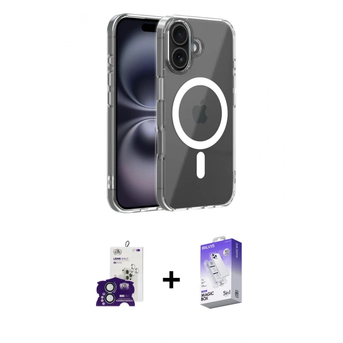 MARSİLYAN™- iPhone 16 Kılıf Ahenk Minimal Serisi - Siyah Bilvis 5in1 3D Magic Cam Ekran Koruyucu + Bilvis Titan Kamera Lens - YL
