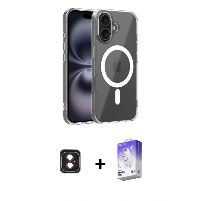MARSİLYAN™- iPhone 16 Kılıf Ahenk Minimal Serisi - Siyah Bilvis 5in1 3D Magic Cam Ekran Koruyucu + PVD Metal Kamera Lens - PE