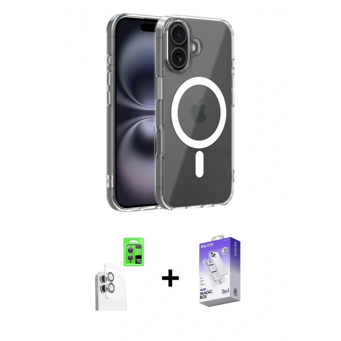 MARSİLYAN™- iPhone 16 Kılıf Ahenk Minimal Serisi - Siyah Bilvis 5in1 3D Magic Cam Ekran Koruyucu + Raze Metal Kamera Lens - BZ