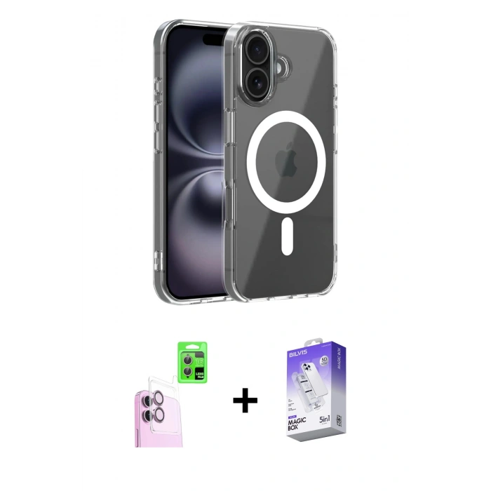 MARSİLYAN™- iPhone 16 Kılıf Ahenk Minimal Serisi - Siyah Bilvis 5in1 3D Magic Cam Ekran Koruyucu + Raze Metal Kamera Lens - PE