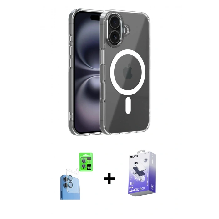 MARSİLYAN™- iPhone 16 Kılıf Ahenk Minimal Serisi - Siyah Bilvis 5in1 5D Magic Hayalet Cam Ekran Koruyucu + Raze Metal Kamera Lens - LT