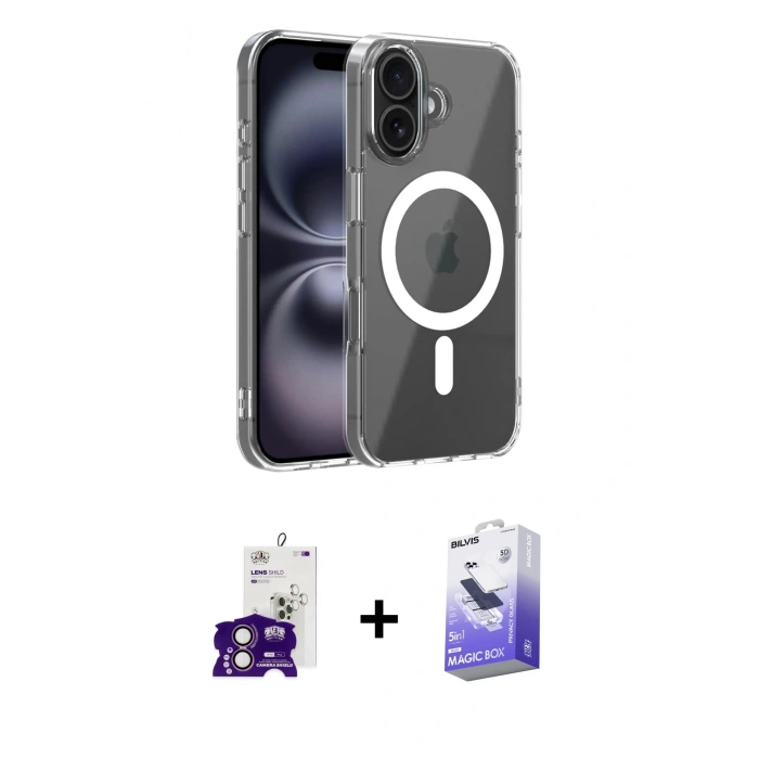 MARSİLYAN™- iPhone 16 Kılıf Ahenk Minimal Serisi - Siyah Bilvis 5in1 5D Magic Hayalet Cam Ekran Koruyucu + Bilvis Titan Kamera Lens - PE
