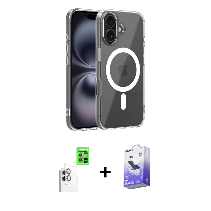 MARSİLYAN™- iPhone 16 Kılıf Ahenk Minimal Serisi - Siyah Bilvis 5in1 5D Magic Hayalet Cam Ekran Koruyucu + Raze Metal Kamera Lens - BZ