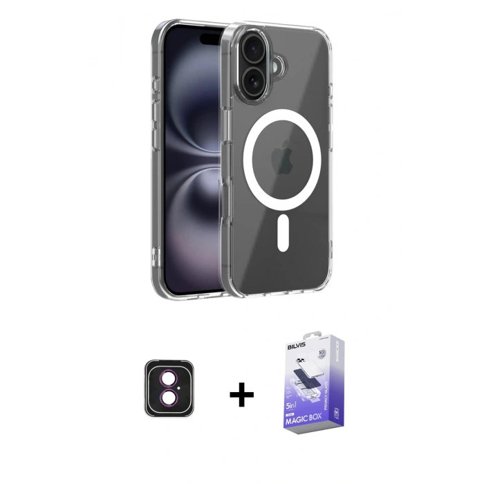 MARSİLYAN™- iPhone 16 Kılıf Ahenk Minimal Serisi - Siyah Bilvis 5in1 5D Magic Hayalet Cam Ekran Koruyucu + PVD Metal Kamera Lens - PE