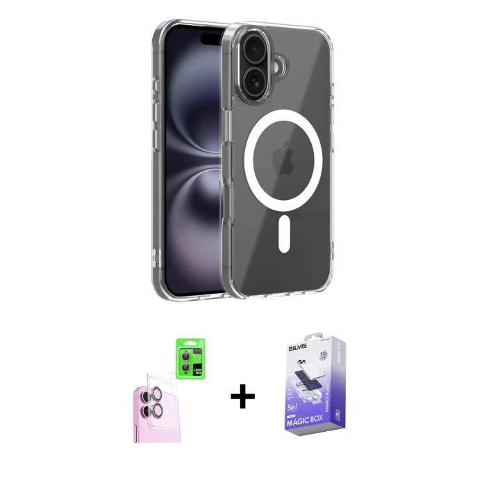 MARSİLYAN™- iPhone 16 Kılıf Ahenk Minimal Serisi - Siyah Bilvis 5in1 5D Magic Hayalet Cam Ekran Koruyucu + Raze Metal Kamera Lens - PE