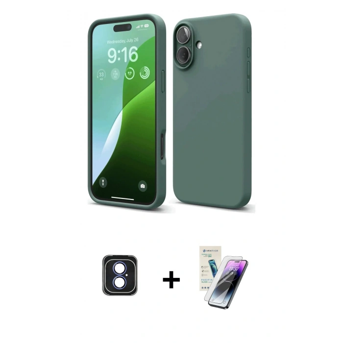 MARSİLYAN™- iPhone 16 Kılıf Ahenk Serisi - Şeffaf Pasifik Cam Ekran Koruyucu + PVD Metal Kamera Lens - MI