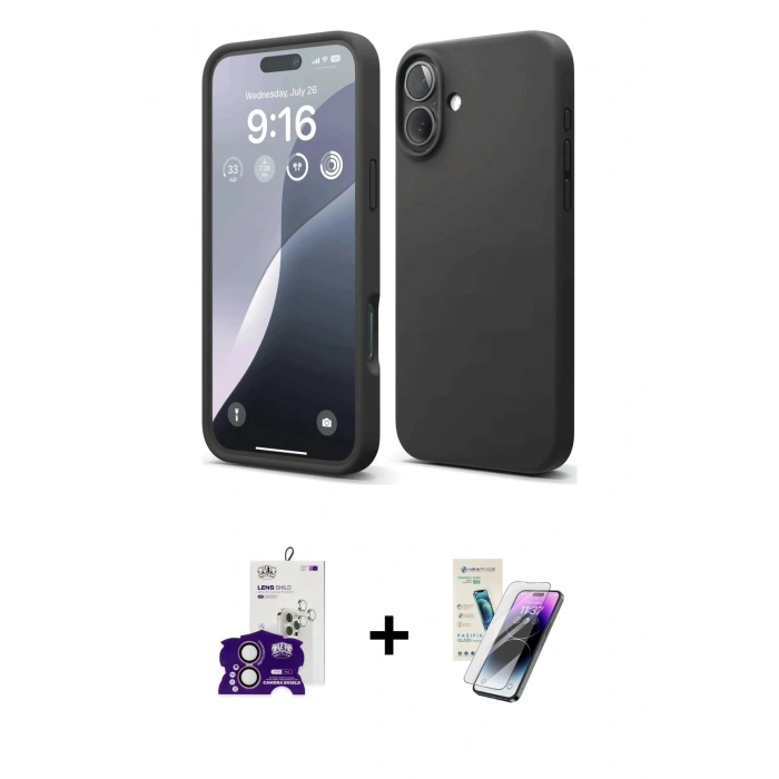 MARSİLYAN™- iPhone 16 Kılıf Ahenk Serisi - Şeffaf Pasifik Cam Ekran Koruyucu + Bilvis Titan Kamera Lens - PE