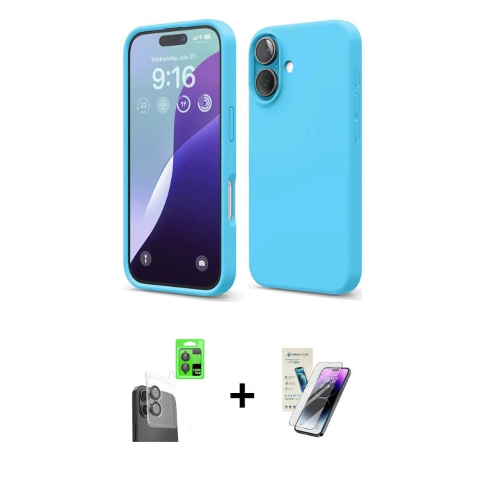 MARSİLYAN™- iPhone 16 Kılıf Ahenk Serisi - Şeffaf Pasifik Cam Ekran Koruyucu + Raze Metal Kamera Lens - SH