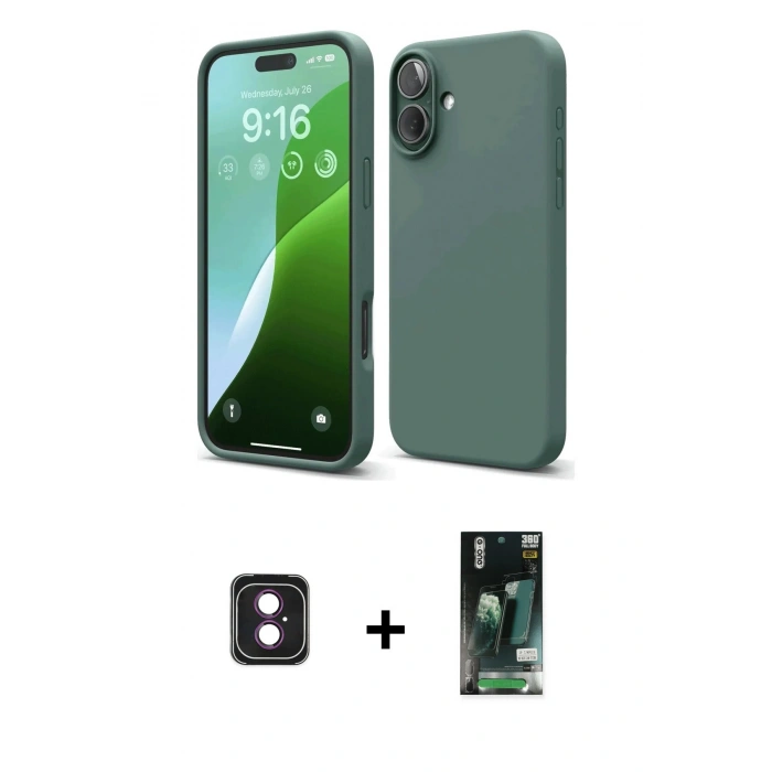 MARSİLYAN™- iPhone 16 Kılıf Ahenk Serisi - Siyah 360 Mat Full Body Arka Koruyucu + PVD Metal Kamera Lens - PE