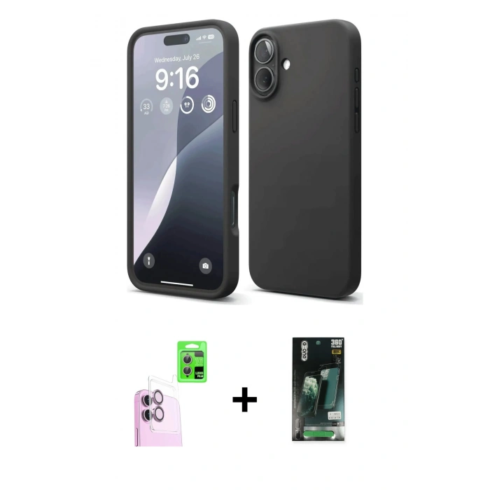 MARSİLYAN™- iPhone 16 Kılıf Ahenk Serisi - Siyah 360 Mat Full Body Arka Koruyucu + Raze Metal Kamera Lens - PE