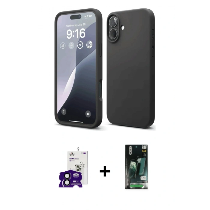 MARSİLYAN™- iPhone 16 Kılıf Ahenk Serisi - Siyah 360 Mat Full Body Arka Koruyucu + Bilvis Titan Kamera Lens - SH