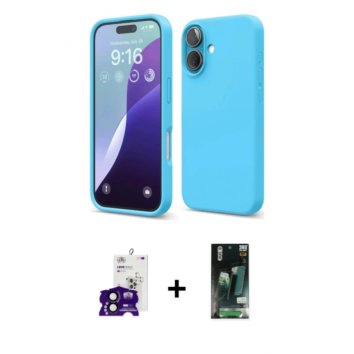 MARSİLYAN™- iPhone 16 Kılıf Ahenk Serisi - Siyah 360 Mat Full Body Arka Koruyucu + Bilvis Titan Kamera Lens - SH