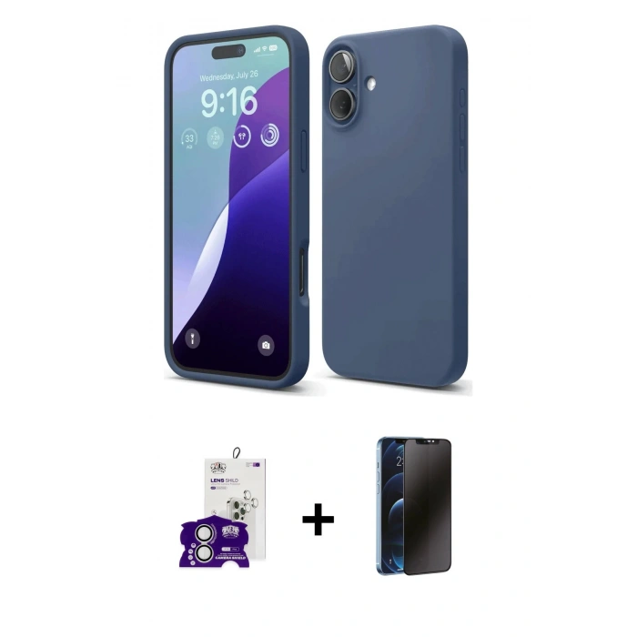 MARSİLYAN™- iPhone 16 Kılıf Ahenk Serisi - Siyah 3D Antistatik Hayalet Cam Ekran Koruyucu + Bilvis Titan Kamera Lens - GS