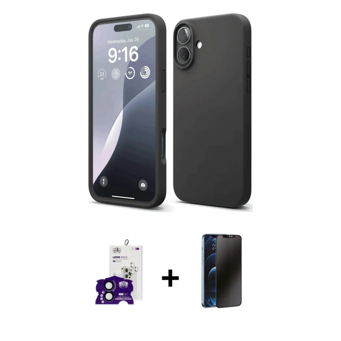 MARSİLYAN™- iPhone 16 Kılıf Ahenk Serisi - Siyah 3D Antistatik Hayalet Cam Ekran Koruyucu + Bilvis Titan Kamera Lens - SH
