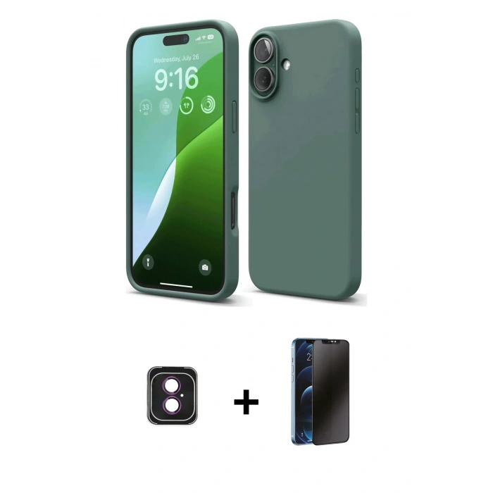MARSİLYAN™- iPhone 16 Kılıf Ahenk Serisi - Siyah 3D Antistatik Hayalet Cam Ekran Koruyucu + PVD Metal Kamera Lens - PE