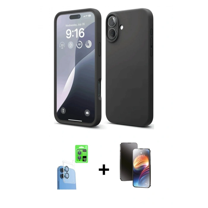 MARSİLYAN™- iPhone 16 Kılıf Ahenk Serisi - Siyah 3D Antistatik Mat Seramik Nano Ekran Koruyucu + Raze Metal Kamera Lens - LT