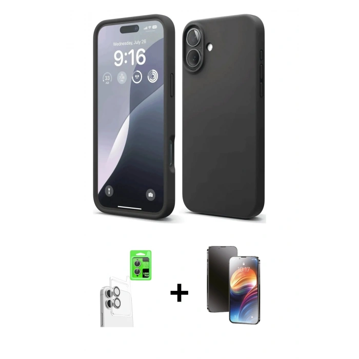 MARSİLYAN™- iPhone 16 Kılıf Ahenk Serisi - Siyah 3D Antistatik Mat Seramik Nano Ekran Koruyucu + Raze Metal Kamera Lens - BZ