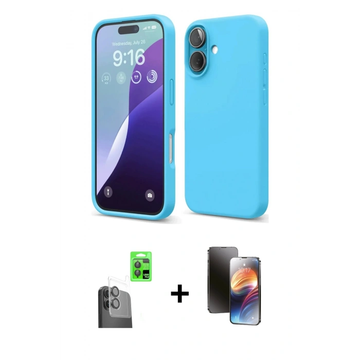 MARSİLYAN™- iPhone 16 Kılıf Ahenk Serisi - Siyah 3D Antistatik Mat Seramik Nano Ekran Koruyucu + Siyah Raze Metal Kamera Lens