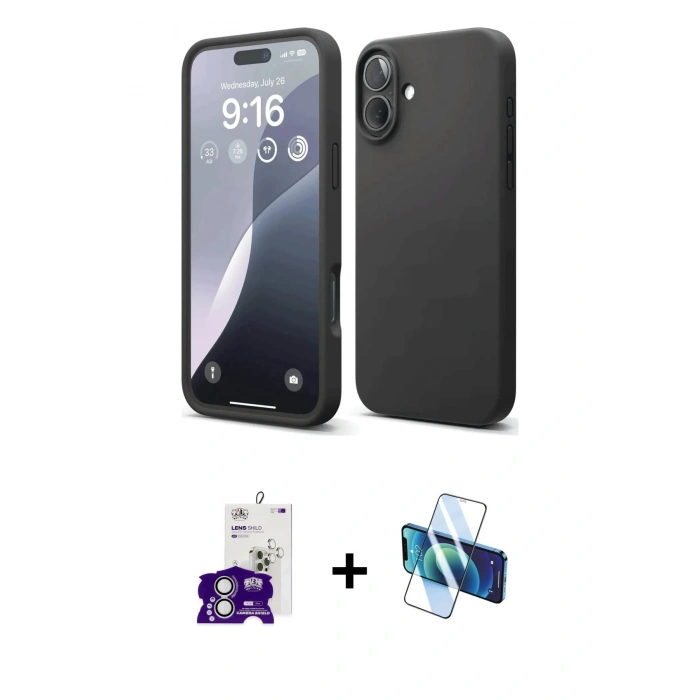 MARSİLYAN™- iPhone 16 Kılıf Ahenk Serisi - Siyah 3D Antistatik Seramik Nano Ekran Koruyucu + Bilvis Titan Kamera Lens - GS