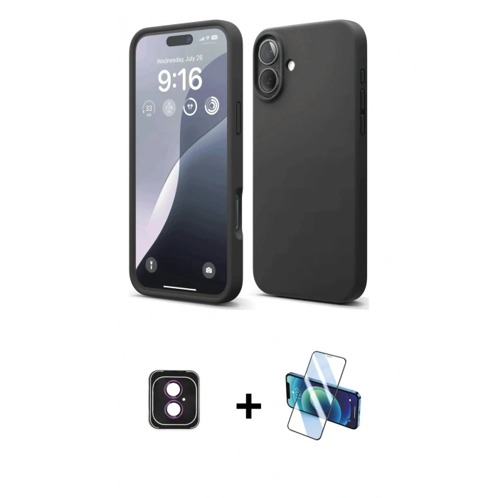 MARSİLYAN™- iPhone 16 Kılıf Ahenk Serisi - Siyah 3D Antistatik Seramik Nano Ekran Koruyucu + PVD Metal Kamera Lens - PE
