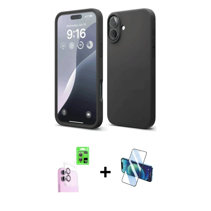 MARSİLYAN™- iPhone 16 Kılıf Ahenk Serisi - Siyah 3D Antistatik Seramik Nano Ekran Koruyucu + Raze Metal Kamera Lens - PE
