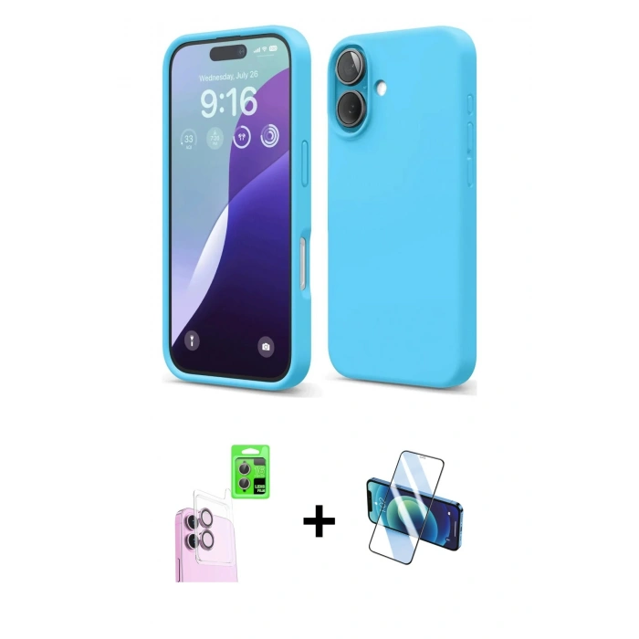MARSİLYAN™- iPhone 16 Kılıf Ahenk Serisi - Siyah 3D Antistatik Seramik Nano Ekran Koruyucu + Raze Metal Kamera Lens - PE