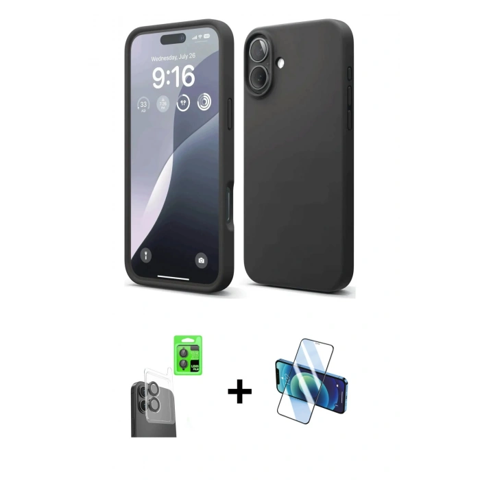 MARSİLYAN™- iPhone 16 Kılıf Ahenk Serisi - Siyah 3D Antistatik Seramik Nano Ekran Koruyucu + Raze Metal Kamera Lens - SH
