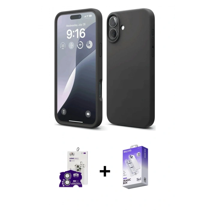 MARSİLYAN™- iPhone 16 Kılıf Ahenk Serisi - Siyah Bilvis 5in1 3D Magic Cam Ekran Koruyucu + Bilvis Titan Kamera Lens - GS