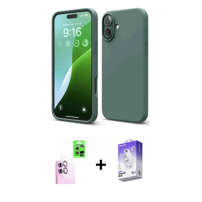 MARSİLYAN™- iPhone 16 Kılıf Ahenk Serisi - Siyah Bilvis 5in1 3D Magic Cam Ekran Koruyucu + Pembe Raze Metal Kamera Lens