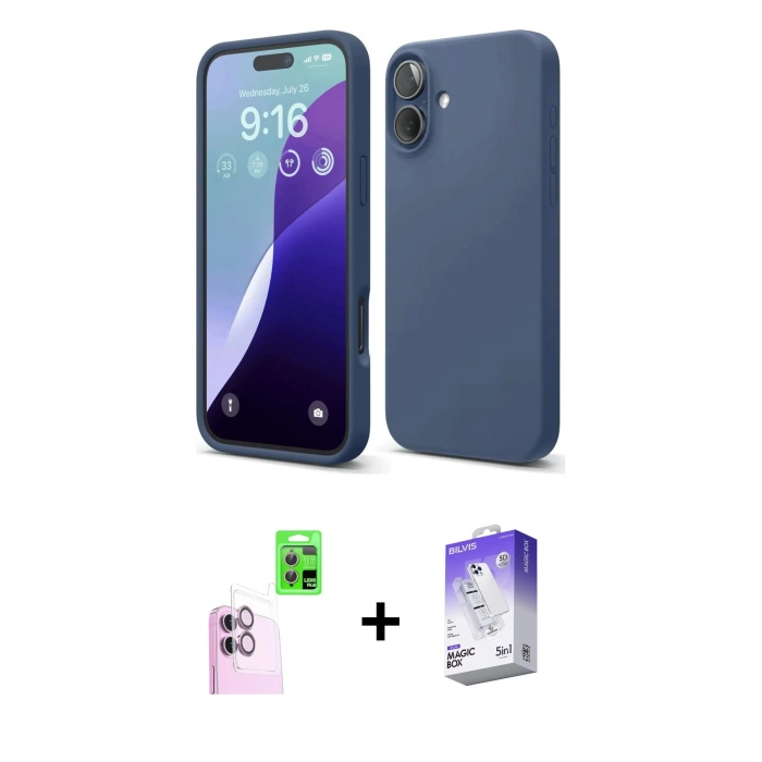 MARSİLYAN™- iPhone 16 Kılıf Ahenk Serisi - Siyah Bilvis 5in1 3D Magic Cam Ekran Koruyucu + Pembe Raze Metal Kamera Lens
