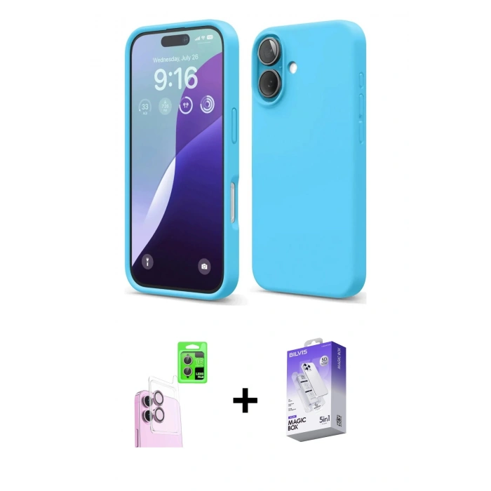MARSİLYAN™- iPhone 16 Kılıf Ahenk Serisi - Siyah Bilvis 5in1 3D Magic Cam Ekran Koruyucu + Pembe Raze Metal Kamera Lens