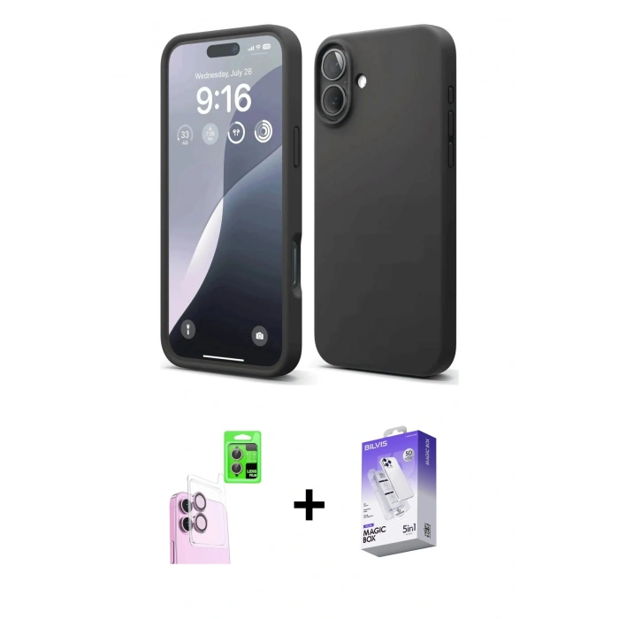 MARSİLYAN™- iPhone 16 Kılıf Ahenk Serisi - Siyah Bilvis 5in1 3D Magic Cam Ekran Koruyucu + Pembe Raze Metal Kamera Lens