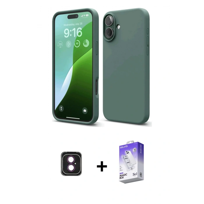 MARSİLYAN™- iPhone 16 Kılıf Ahenk Serisi - Siyah Bilvis 5in1 3D Magic Cam Ekran Koruyucu + PVD Metal Kamera Lens - PE